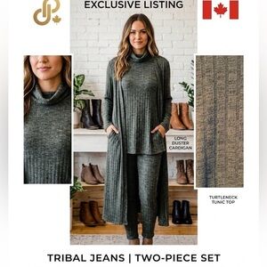 Tribal Jeans Two-Piece Long Ribbed Duster Cardigan & Turtleneck Set
